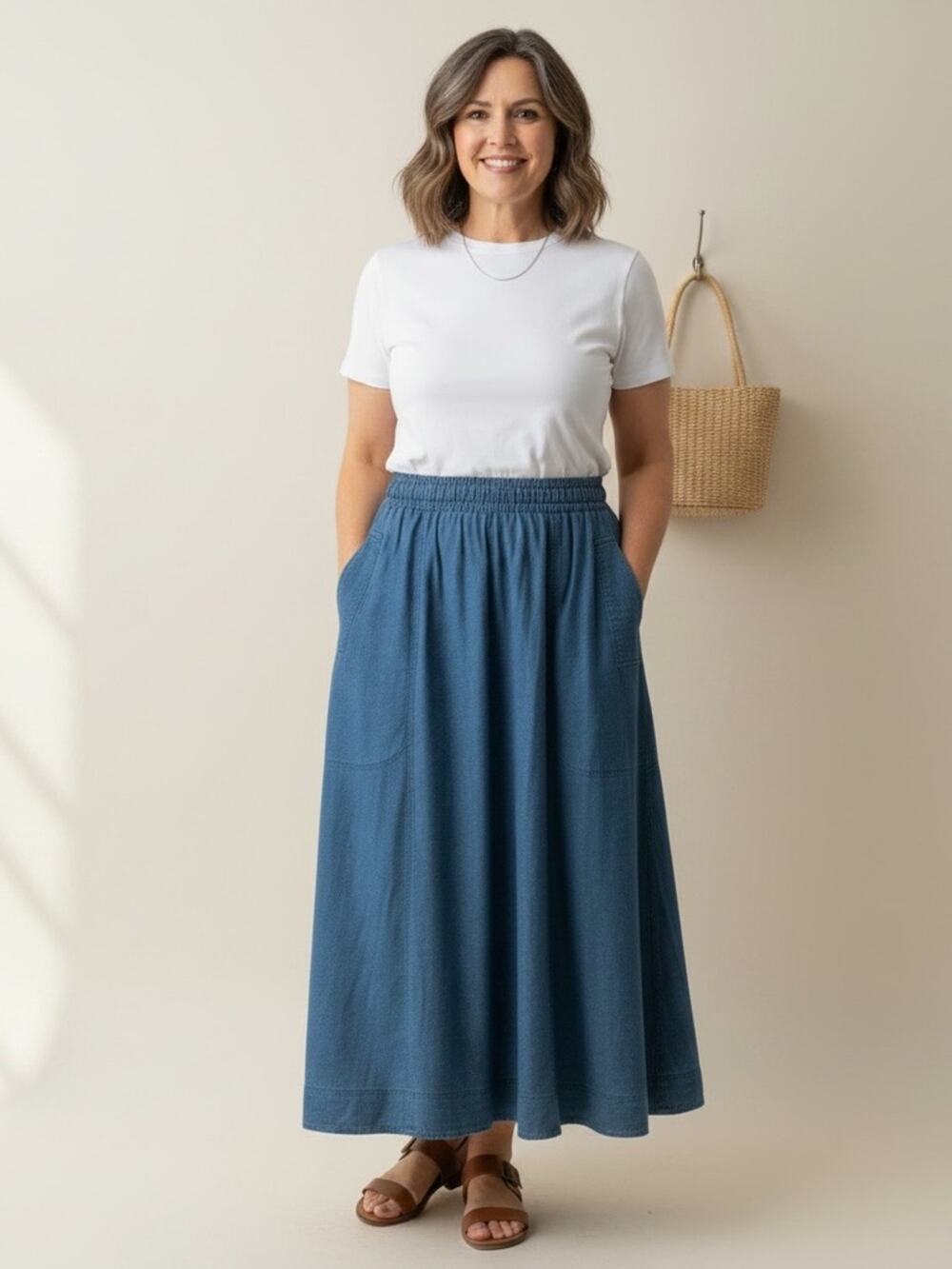 Gene Ewing Women’s Elastic-Waist Maxi Skirt in Denim Blue